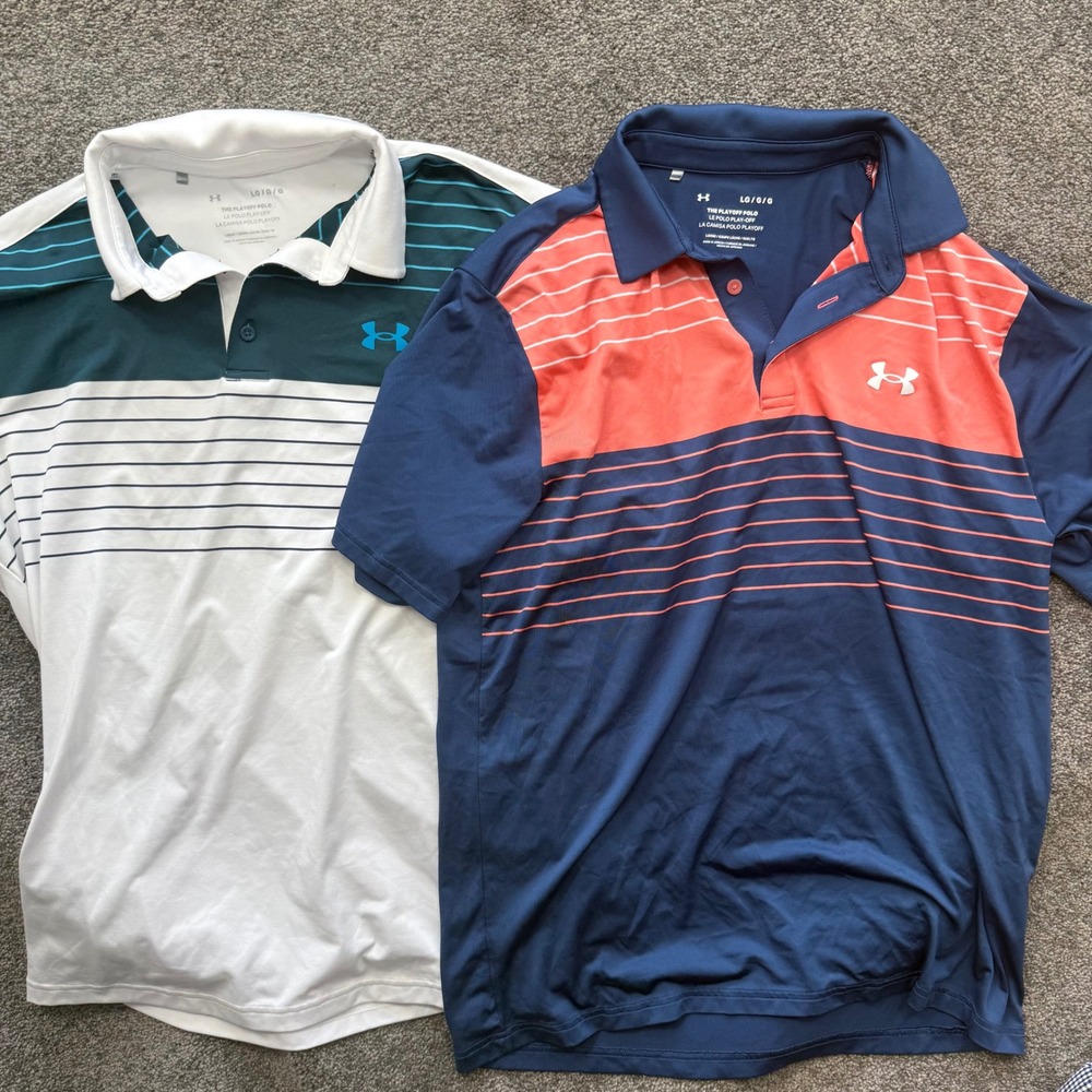 Under Armour Mens Playoff Polo Shirt Bundle Lot of 2 Striped Golf Tops Large